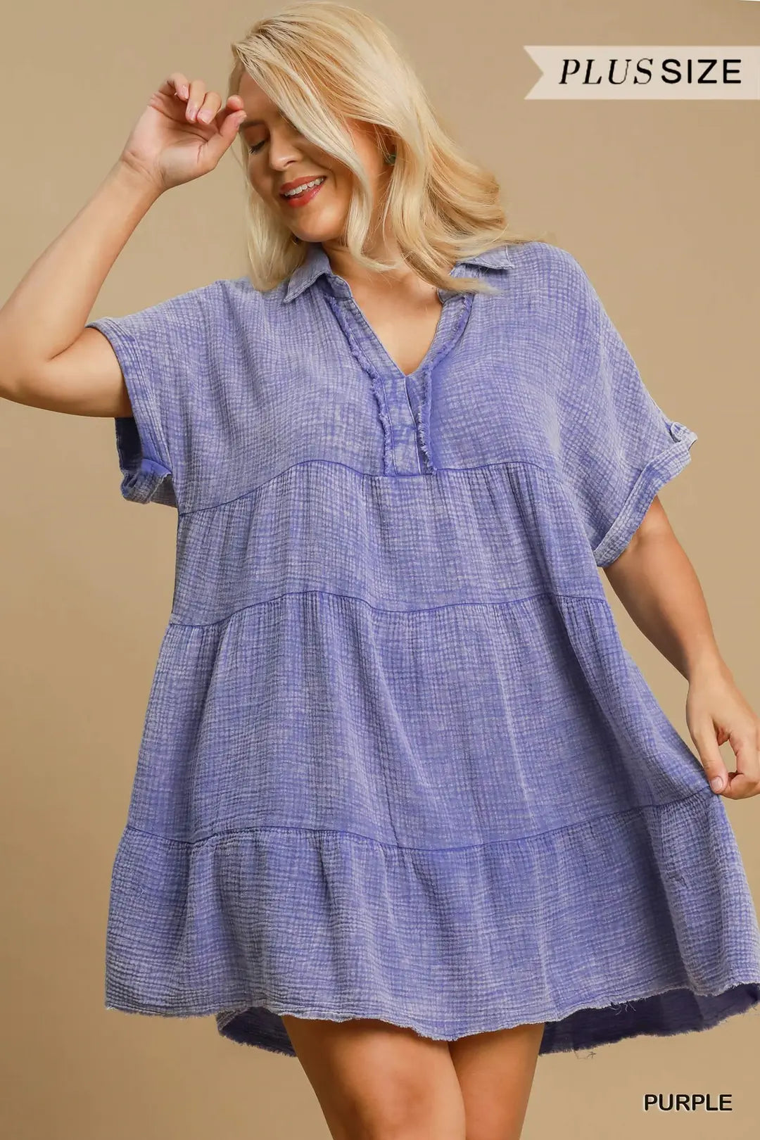 Mineral Wash Tiered Babydoll Dress with Frayed Details