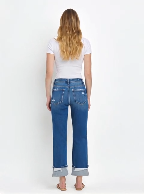 High Rise Cuffed Straight Jeans