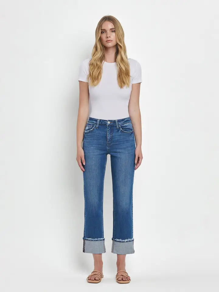 High Rise Cuffed Straight Jeans