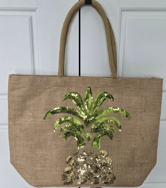 Burlap Pineapple Bling Beach Tote Bag