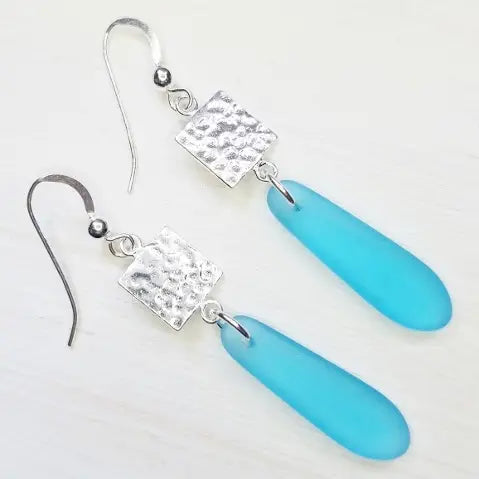 Eco Sea Glass Hammered Tile Earrings - Turquoise