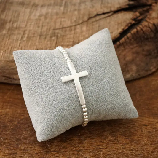 Minimal Cross Stretchy Bracelet in Worn Silver Tone with Ball Beads