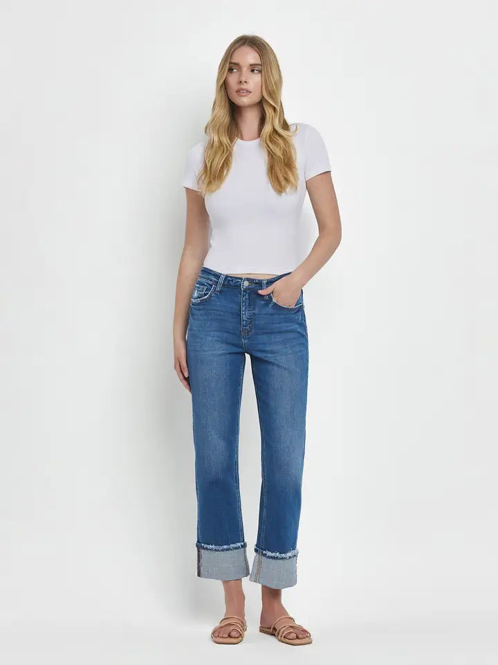 High Rise Cuffed Straight Jeans