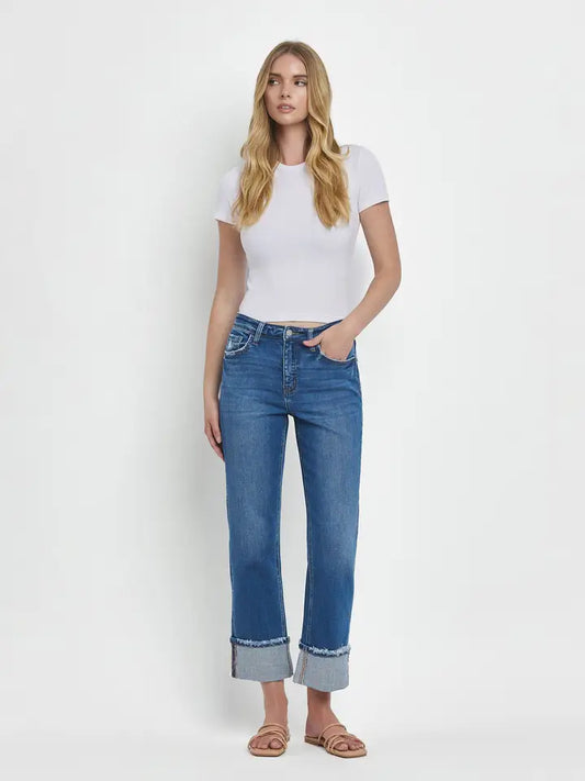High Rise Cuffed Straight Jeans