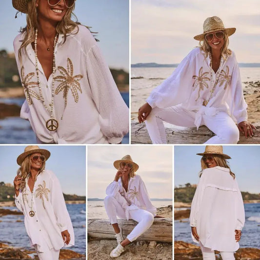 White Palm Trees Oversized Gauze Cotton Shirt